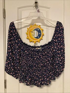 miami Navy Crop Top with Pink Floral Print